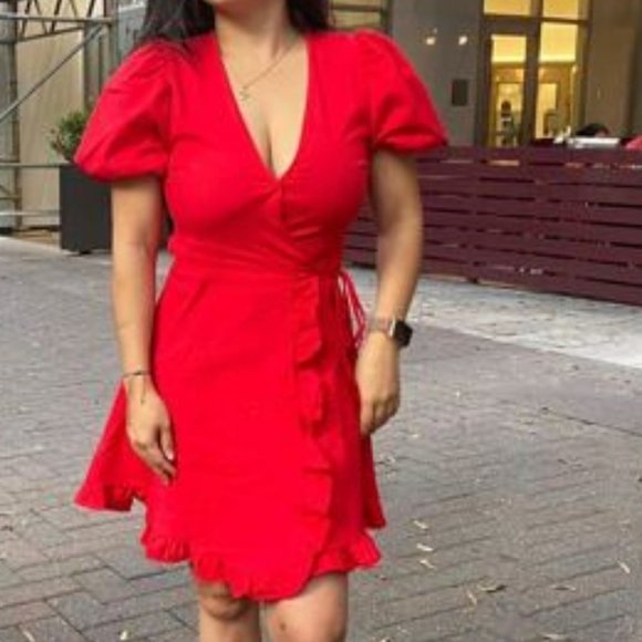 RED Ruffle Trim Wrap Surplice Front  Puff Sleeve  Dress - Picture 10 of 10